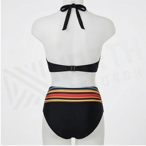 Conjunto de Bikini a Rayas para Mujer, Top Halter con Tiras Ajustables y Braguita de Cintura Alta con Cordón, Traje de Baño de Dos Piezas en Spandex y Poliéster - Product Image 2