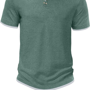 Camiseta Henley para Hombre, Manga Corta, Mezcla de Algodón, Jersey Transpirable, Corte Regular, Informal, para Verano - Product Image 1
