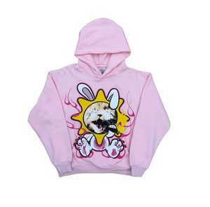 เสื้อฮู้ดสีชมพูพิมพ์ลายการ์ตูนกระต่าย ยูนิเซ็กส์ สวมใส่สบายๆ ในฤดูใบไม้ร่วง ผ้าฝ้าย 100% เฟรนช์เทอร์รี่ ทรงปกติ - Product Image 1