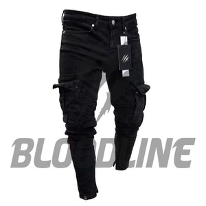 Jean Cargo Slim Fit en Denim pour Homme BLOODLINE, Taille Mi-Haute, Coton Délavé, Style Décontracté Printemps, Poches Imprimées - Product Image 6