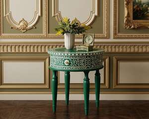 Green Handmade Floral Inlay <b>Round</b> <b>Console</b> <b>Table</b> Traditional Living Room Furniture Antique Style Wooden Leg Base - Product Image 1