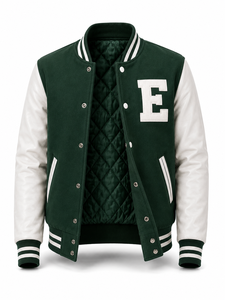 Veste universitaire unisexe verte avec manches blanches, broderie lettre E, patchwork, coupe-vent, style preppy, col rabattu, coupe régulière - Product Image 4