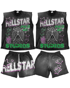 Conjunto de dos piezas de algodón tejido con lavado ácido para hombre: Camiseta sin mangas y pantalones cortos de chándal con borde sin rematar para verano, con patrón 3D formal. - Product Image 5