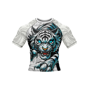 <b>Men's</b> Short Sleeve Rash Guard With Tiger Print Quick Dry Polyester Sport <b>Shirt</b> <b>Compression</b> Top Front Logo Design - Product Image 2