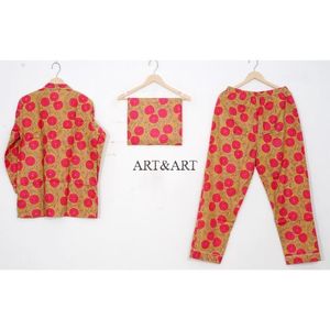 Conjunto de Pijama de 3 Piezas de Algodón Estampado a Mano, Suave y Cómodo, para Mujer, Transpirable, de Secado Rápido, Ligero, Ropa de Dormir Perfecta - Product Image 4