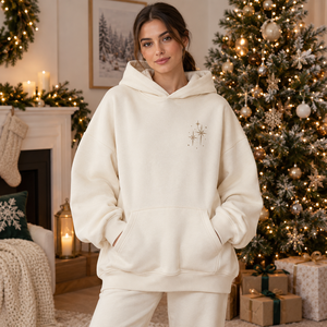 Sudadera con Capucha Extra Grande Unisex, Color Blanco Hueso, con Estrella Bordada, Forro Polar, con Bolsillo Tipo Canguro, para Invierno - Product Image 1