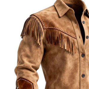 <b>Men's</b> <b>Suede</b> Leather Shirt <b>Jacket</b> With Fringe Western Style Casual Outwear Turn-down Collar Regular Sleeve Solid Color - Product Image 4