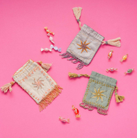 KOTAK DOMPET KAIN LINEN BUATAN TANGAN DENGAN HIASAN BUNGA, TALI SERUT, BORDRAN, Rumbai, MANIK-MANIK, UNTUK UANG KEMBALI/PERMEN, BERGAYA SENI INDIA YANG EKZOTIS