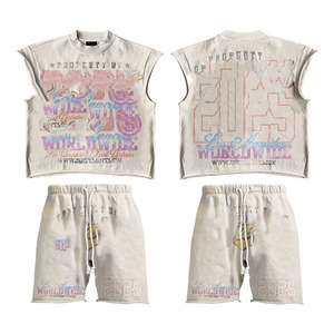 Ensemble haut et short sans manches en coton premium 280 GSM, noir délavé, avec logo imprimé en relief vintage. - Product Image 3