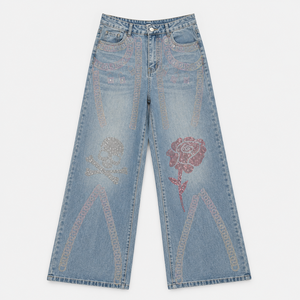 Jean en denim de coton taille haute à jambe large pour femme, orné de strass, crânes et roses, style vintage délavé, pantalon streetwear décontracté - Product Image 2
