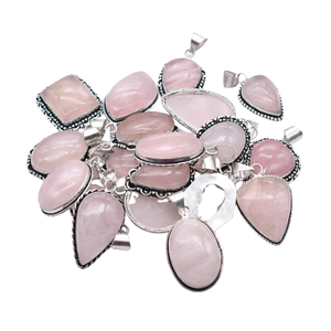 Colliers pendentifs ovales en quartz rose naturel et obsidienne, 25 pièces, avec sertissage clos en argent vieilli, unisexe, style chrétien - Product Image 6