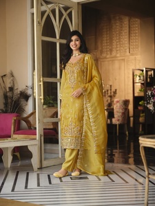 <b>Women</b> Ethnic Motifs Embroidered Silk Loose Fit Casual Wedding Regular Thread Work <b>Kurta</b> with Trousers & Dupatta - Product Image 4