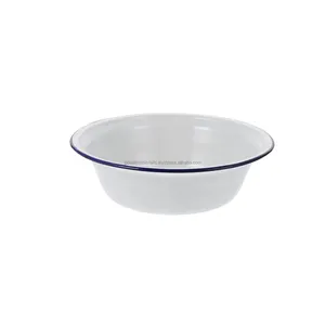Vintage Style White Enamel Mixing Bowl with Black Trim Enamelware Metal Large Classic Round Salad Serving Bowl