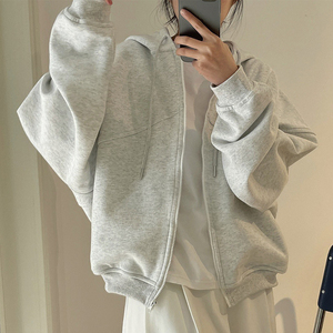 Nouveau Sweat à Capuche Zippé Oversize pour Femme, Uni, en Molleton de Coton Épais, Épaules Tombantes, Fermeture Éclair Intégrale - Product Image 3