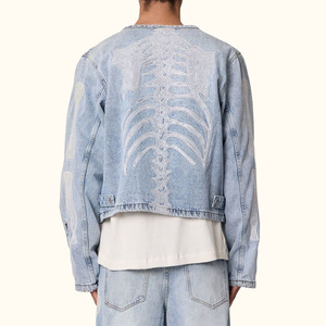 Wholesale New Arrival Washed Blue Cropped <b>Jackets</b> Long Sleeve Collarless Zipper Jean <b>Jacket</b> Men - Product Image 2