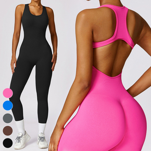 Custom Fashion Seamless High Waist Yoga <b>Jumpsuit</b> Solid Color Full Length Bodysuit With Hollow Out Back Design For Women Fitness - Product Image 3