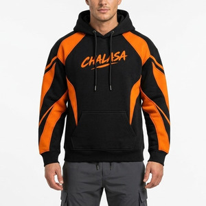 Chalasa <b>Men's</b> <b>Black</b> Orange Color Block Hoodie Streetwear 100% Cotton Fleece Oversized Fit Autumn Hoodie <b>Sweatshirt</b> - Product Image 4