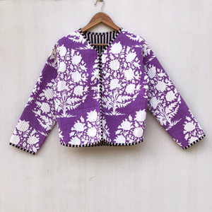 Purple Floral <b>Quilted</b> <b>Jacket</b> for Women Boho Style Printed Cotton Coat with Button Closure Handmade Holidays Gifts - Product Image 1