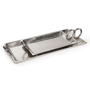 Juego de bandejas largas de aleación fundida de técnica mixta - Par de platos de metal plateado texturizado con asas envueltas en rafia - Product Image 5