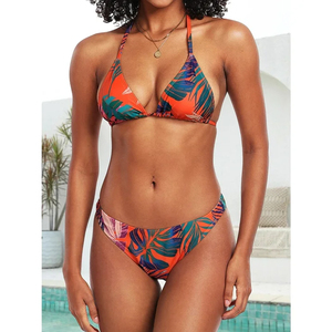 Ensemble bikini imprimé taille haute pour femme, haut triangle et bas de maillot, 2 pièces, avec logo frontal, en Spandex et Polyester, tenue de plage - Product Image 4