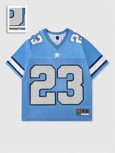 Camiseta Deportiva de Fútbol Americano Azul Cielo con Pedrería para Mujer, Malla Transpirable de Poliéster, Cuello en V, Estilo Urbano, Número Brillante, OEM - Product Image 2