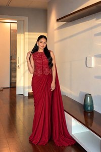 <b>Red</b> Silk <b>Saree</b> Set Embroidered Jacket Floor-Length Traditional Wedding Wear for Women India Pakistan Style All Seasons In-Stock - Product Image 3