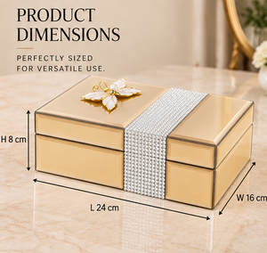 Caja de Almacenamiento de Joyas de Vidrio Dorado Cálido con Banda de Cristal y Acento de Mariposa, Acabado Brillante, Forro Suave, Organizador Decorativo - Product Image 4