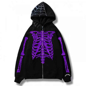 เสื้อฮู้ดซิปพิมพ์ลายโครงกระดูกแบบกำหนดเอง คุณภาพสูง ผ้าฝ้าย 100% เป็นมิตรกับสิ่งแวดล้อม สไตล์โกธิค สตรีทแวร์ ซิปเต็มตัว ลายกราฟิกหัวกะโหลก - Product Image 6