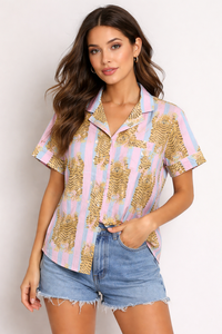 Conjunto de pijama con estampado de tigre a rayas rosas para mujer, camisa de manga corta y pantalones cortos, conjunto de ropa de dormir informal, traje informal - Product Image 4