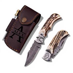 Mejor Cuchillo Plegable de Damasco Forjado a Mano con Patrón Retorcido y Mango de Cuerno de Ciervo, Plegable para Supervivencia, Caza, Camping, EDC - Product Image 1