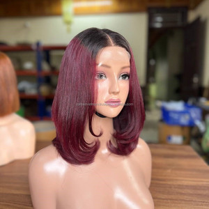 Vietnamese Human Hair Lace <b>Front</b> <b>Wig</b> Medium Length Dark Root Burgundy Color Swiss Lace Base With Baby Hair For Women - Product Image 1