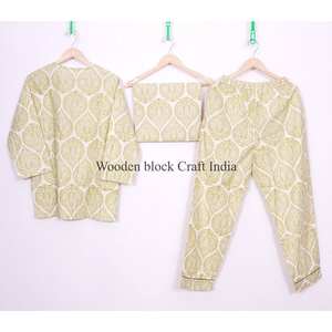 Ensemble de pyjama en coton indien pour femmes, imprimé floral, avec fermeture à boutons, pour la plage et la détente, col rond, ensemble de pyjama - Product Image 5