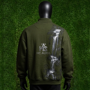 Sudadera Unisex de Moda, Sostenible y Personalizable, Color Verde Oliva, Cuello Redondo, Manga Larga, Estampado de Cascada, 100% Algodón Tejido - Product Image 3