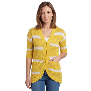 Women's 100% Cotton Intarsia Print Medium Length Formal V-neck Single Button Closure Anti-Pilling Quick Dry <b>Cardigan</b> OEM Spring - Product Image 3
