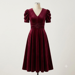 Vestido Midi de Terciopelo Borgoña para Mujer, Cuello en V, Manga Abullonada |   Vestido de fiesta con cintura fruncida, línea A, elegante, vintage, a la moda. - Product Image 1