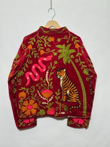 Eclectic Styling Hand Embroidered Suzani <b>Velvet</b> Jacket Tiger Snake Maroon Palm Tree Artwork Outwear Statement Floral Boho <b>Coat</b> - Product Image 5