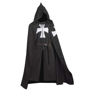 Cape de Chevalier Médiéval à Croix Templière Noire à Capuche, Costume Unisexe en Polyester Imprimé, Tenue de Crusader Renaissance pour Fête d'Halloween - Product Image 1