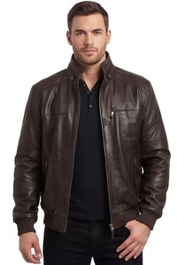 Wholesale <b>Men</b> Real <b>Leather</b> Zippered Eco-Friendly Hooded <b>Jacket</b> Dark <b>Brown</b> Detachable Hood Bomber Custom Aviator Flight Outerwear - Product Image 2