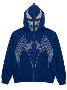 Sweat-shirt à capuche zippé vert pour homme avec motif Venom en strass, coupe classique, décontracté, en coton tricoté, pour l'automne, bapehoodie - Product Image 4