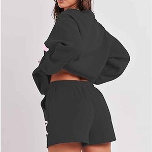 Conjunto de 2 piezas de sudadera y pantalones cortos para mujer, estilo casual, con capucha, de color sólido, de forro polar, holgado, estilo urbano. - Product Image 3