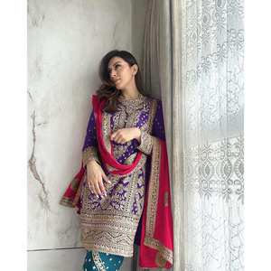 Designer Georgette Séquence Broderie Travail Style Indien Top Palazzo avec Dupatta Violet - Product Image 1