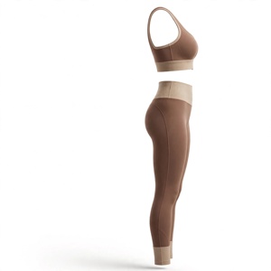 Conjunto de Yoga para Mujer: Sujetador Deportivo con Espalda Cruzada y Cuello Redondo, Leggings de Cintura Alta de Longitud Completa, Color Marrón Sólido, Acanalado, Sin Costuras, de Spandex/Nylon Térmico - Product Image 3