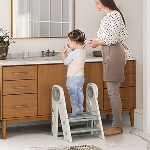 Sgabello da Cucina Regolabile e Pieghevole con Maniglie Antiscivolo, Arredo per Bambini per Lavabo Bagno, Grigio - Product Image 2