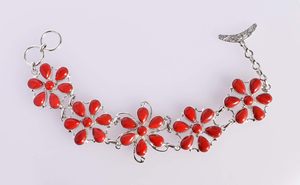 Vintage 925 Sterling Silver <b>Red</b> Coral Stone Flower <b>Bracelet</b> Women's Chain Link Jewelry Everyday Wear Bezel Set <b>Red</b> Stone Design - Product Image 4