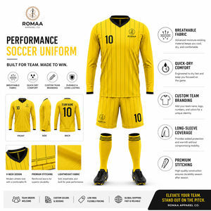 Ensemble Maillot de Foot Personnalisé Jaune et Noir à Manches Longues, Short et Chaussettes, Rayures Fines, Tenue d'Équipe, Fabrication OEM, Qualité Supérieure pour Jour de Match - Product Image 6