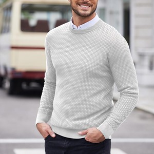 Suéter de punto gofrado beige para hombre, cuello redondo, transpirable, manga larga, acrílico, informal, con abertura frontal, para invierno - Product Image 3