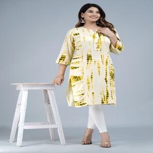 Women Yellow Tie Dye Printed <b>Kurti</b> With , 3/4 Sleeves Casual Ethnic Wear Straight Kurta for Daily Wear . - Product Image 1