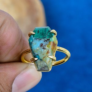 Handmade Boulder <b>Turquoise</b> Coffin Shape <b>Ring</b> Gemstone 18K Gold Micron Over 925 Sterling Silver <b>Ring</b> - Product Image 2