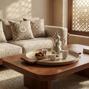 Elegante Bandeja Decorativa Color Beige Champán |   Moderna Bandeja Árabe para Servir con Asas de Madera a Precio de Mayoreo - Product Image 2