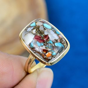 Bague en turquoise cuivrée d'huître bleue épineuse naturelle, plaqué or 18 carats sur argent sterling 925 - Product Image 1